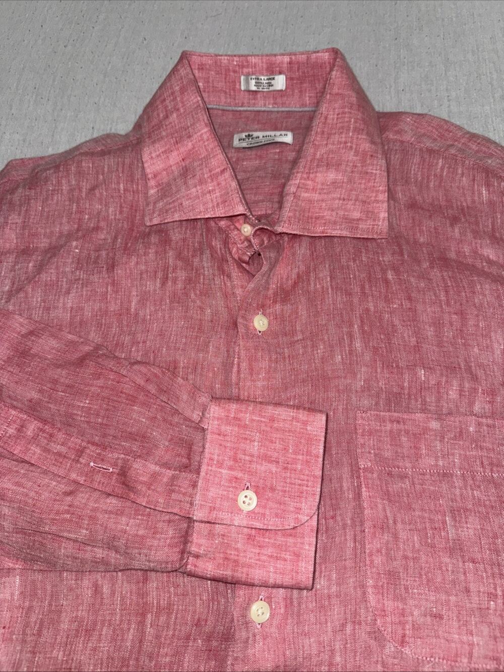 Peter Millar Crown Cool Shirt Men XL 100% Linen Pink Long Sleeve Pocket Button